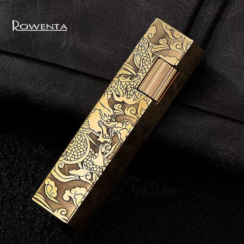 德国好运达小金条纯黄铜精雕祥云龙可盘玩四方柱煤油打火机便携