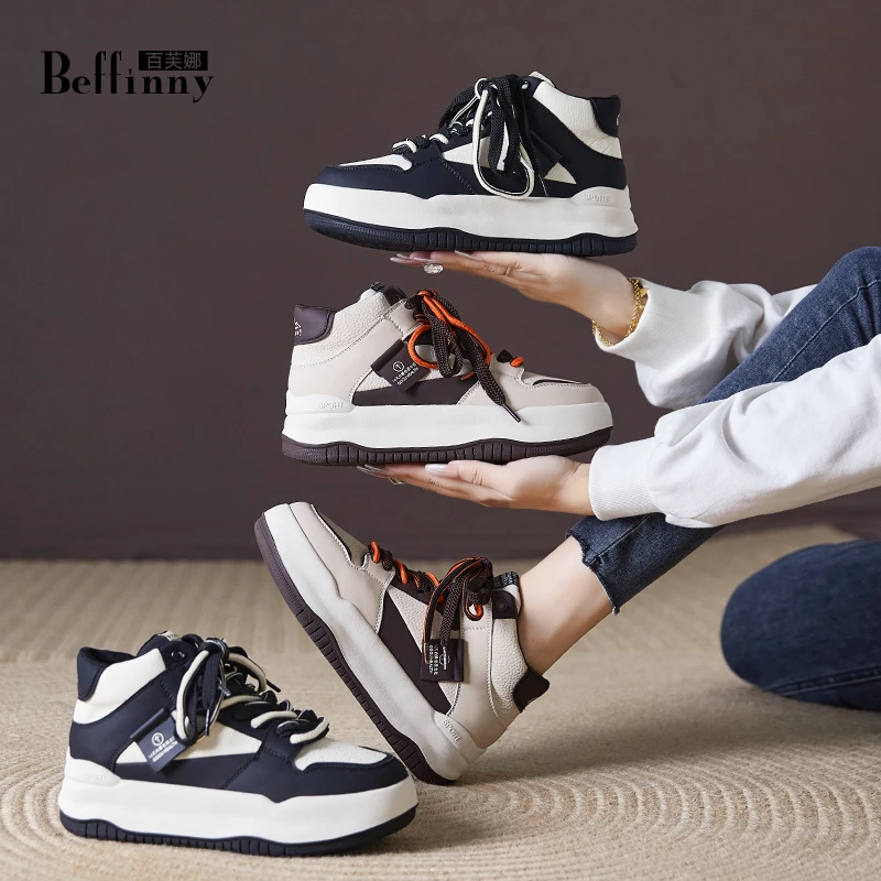 Beffinny/百芙娜268-58 真皮厚底高帮鞋女2023新款秋冬加绒休闲鞋