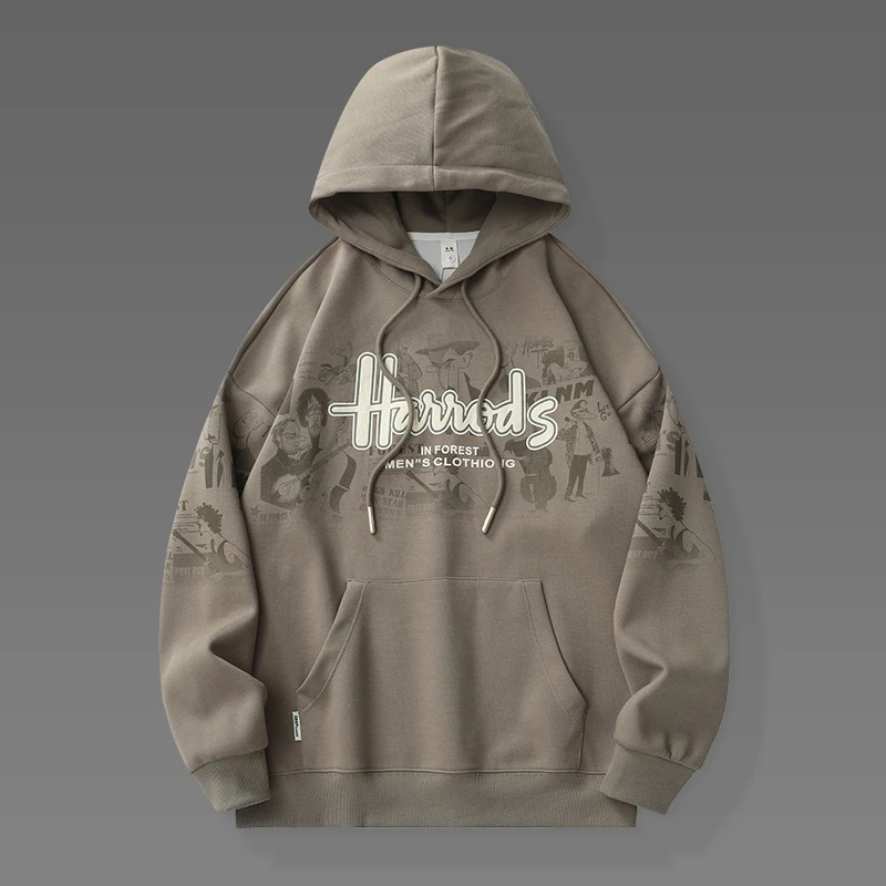 春秋连帽休闲时尚印花上衣潮流韩版宽松美式复古港风情侣套头卫衣