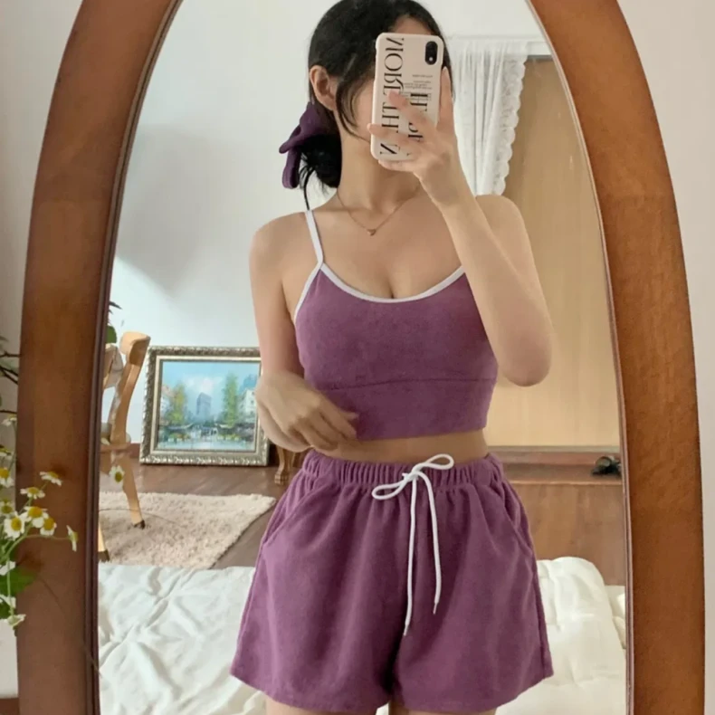 韩国ins毛巾料吊带背心松紧腰沙滩裤泳衣三件套高腰比基尼三件套