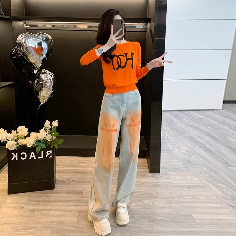 多巴胺减龄套装早秋新款时尚休闲女针织高腰牛仔长裤两件爆款洋气