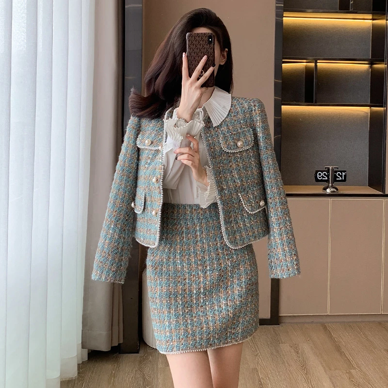 2024春秋新款轻奢高级小香风短外套搭半身裙名媛重工毛呢两件套女