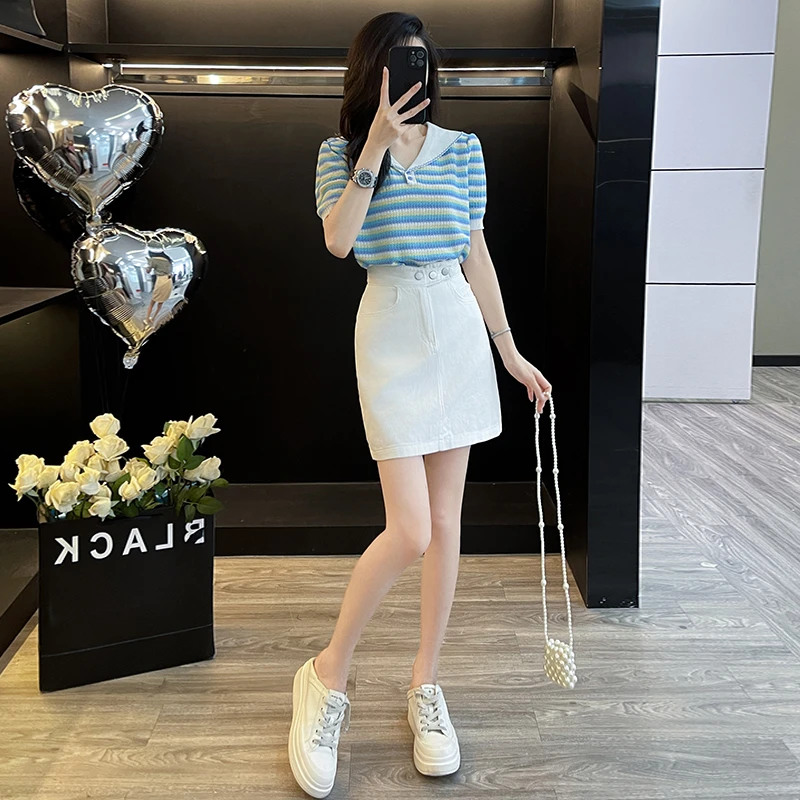 青春活力小香风穿搭时尚夏秋新款女蓝条纹翻领针织衫内衬短裙套装