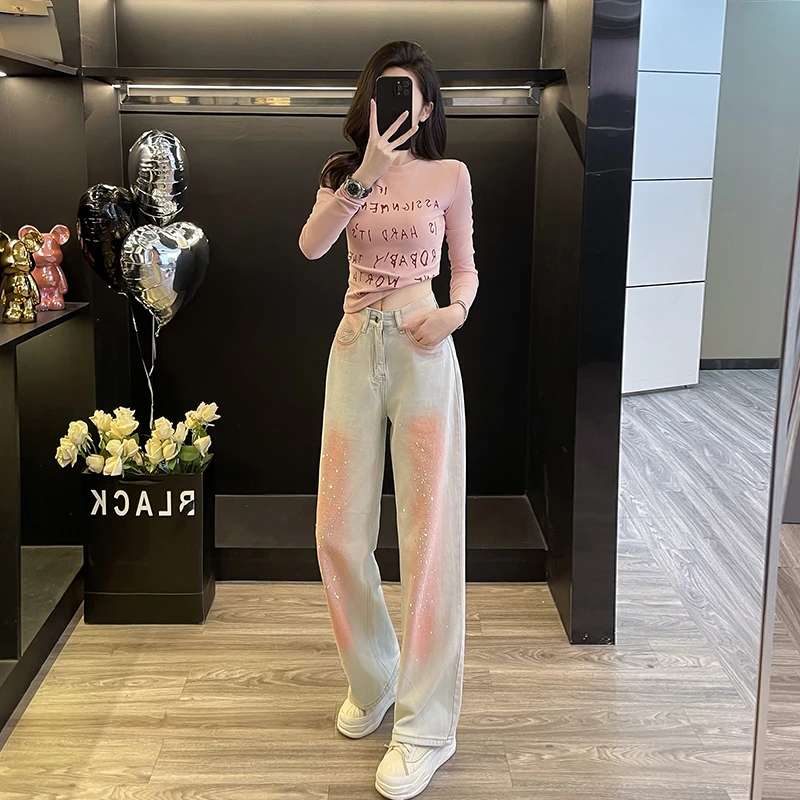 秋季新款时尚休闲多巴胺减龄套装女打底衫T恤高腰牛仔长裤两件套