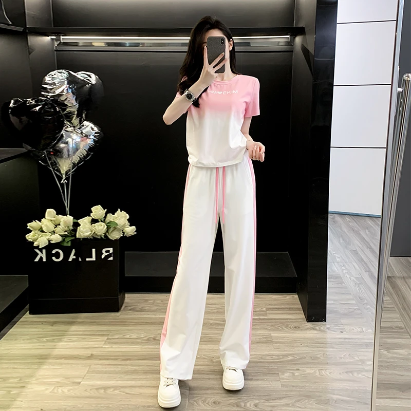 2024夏新款时尚休闲运动套装女宽松减龄短袖上衣高腰长裤两件套潮