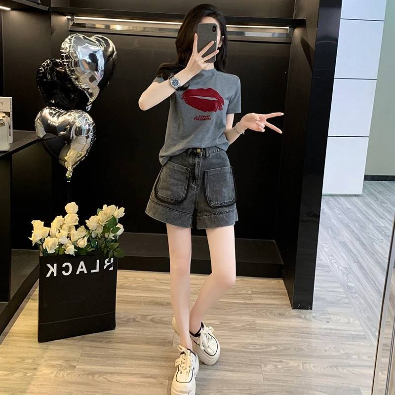 夏季新款女装时尚韩版休闲灰色减龄短裤短袖显瘦洋气多巴胺套装