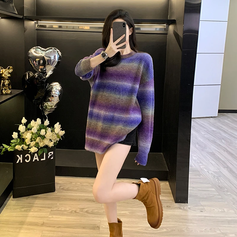 秋冬新款宽松百搭显瘦慵懒风中长款减龄条纹渐变色长袖针织毛衣女