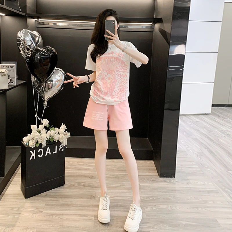 夏季新款2025洋气休闲运动套装女白色短袖粉色短裤显瘦宽松两件套
