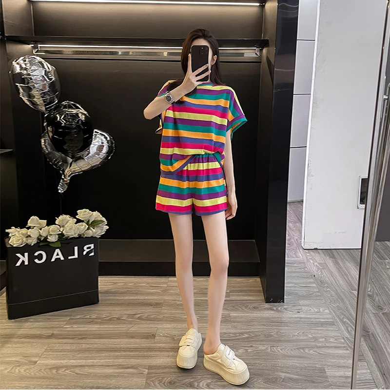 2025夏季新款彩色条纹时尚休闲运动套装女宽松显瘦潮流简单两件套
