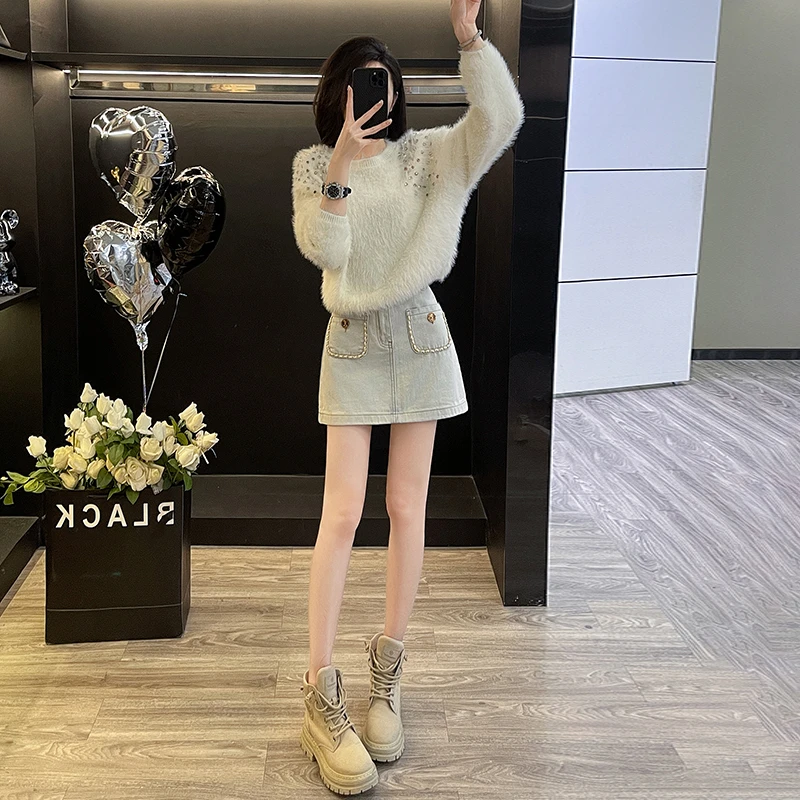 秋冬新款长袖针织毛衣设计感宽松百搭慵懒风显瘦牛仔短裙减龄套装