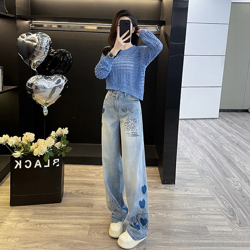 多巴胺减龄早秋新款时尚休闲套装女针织衫高腰牛仔长裤两件套潮