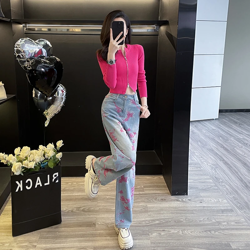 早秋新款多巴胺减龄套装时尚女针织开衫高腰牛仔长裤两件套潮