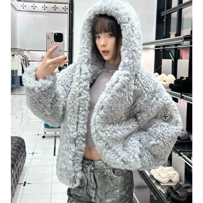 （大叔）雪人经典时尚宽松十字花外套秋冬款毛绒拉链加厚帽衫