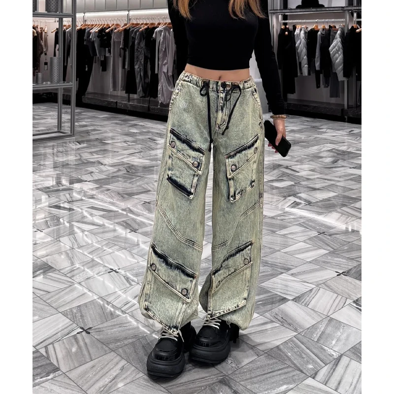 冬季新款幻影复古多口袋伞兵牛仔户外阔身重工水洗中腰工装长裤