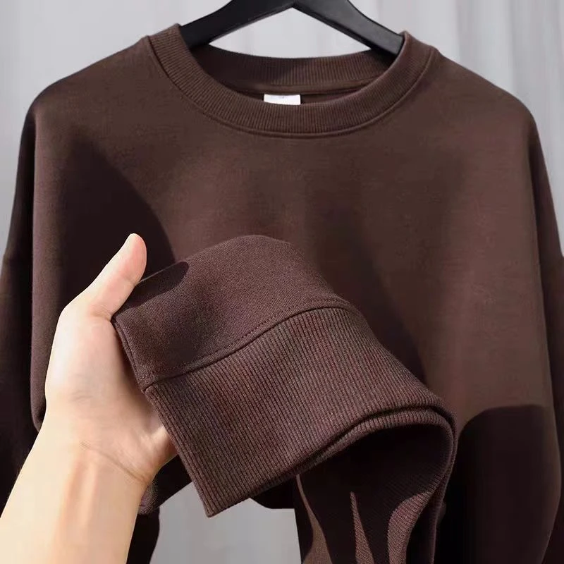 巧克力色重磅套头圆领卫衣男秋冬款棕色百搭宽松休闲打底衫上衣女