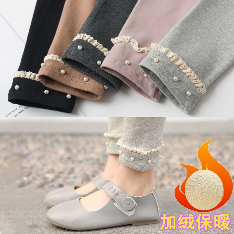 女童打底裤秋冬加绒花边洋气外穿修身裤子733