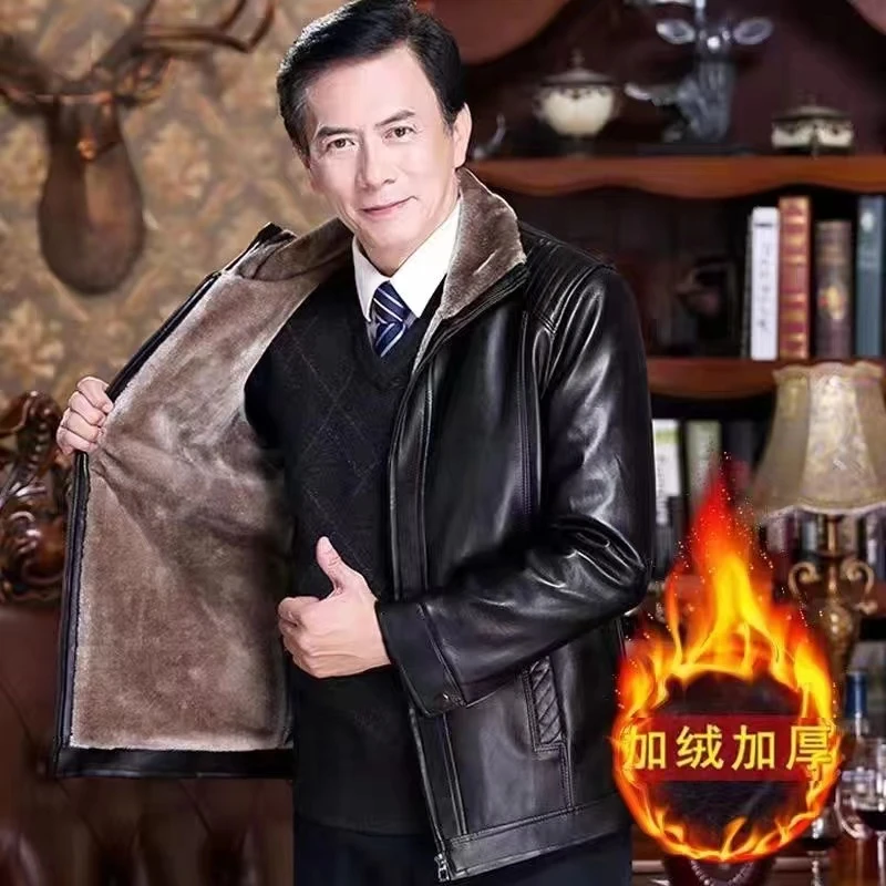 中老年爸爸款皮毛一体加绒加厚皮夹克外套24082