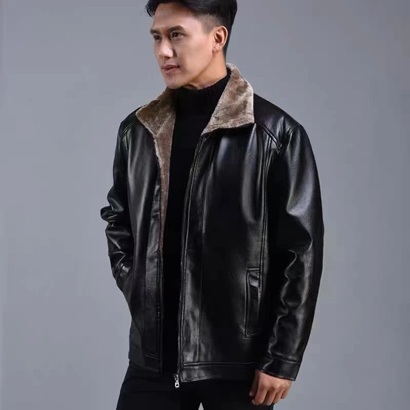 中老年爸爸款皮毛一体加绒加厚皮夹克外套0914