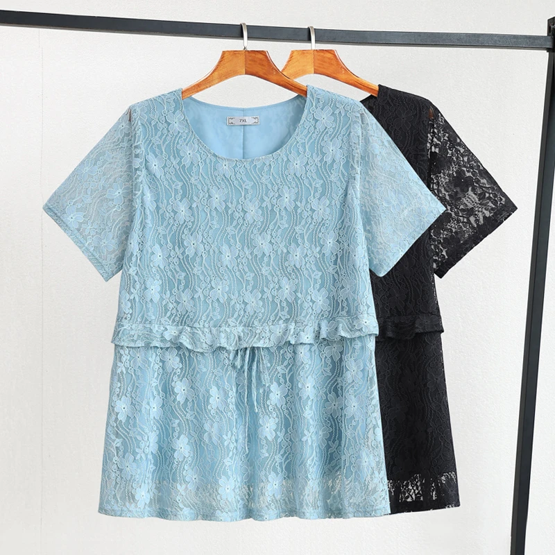 24129T勾花镂空t恤衫洋气胖mm夏季大码上档次女装显瘦百搭上衣女1
