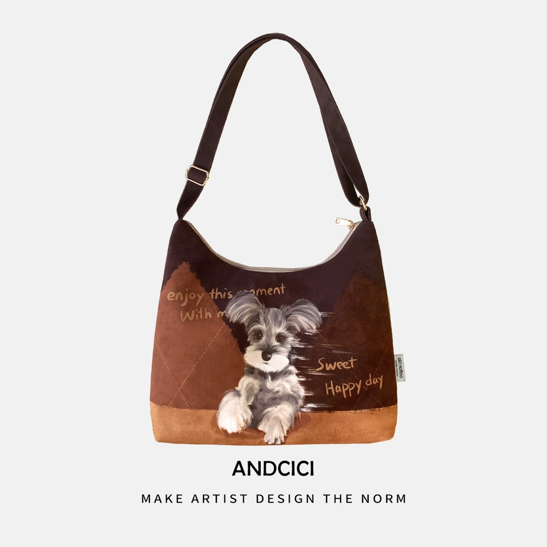 设计师冬季新款@雪纳瑞小狗拉链斜挎包单肩包手提包上班通勤书包