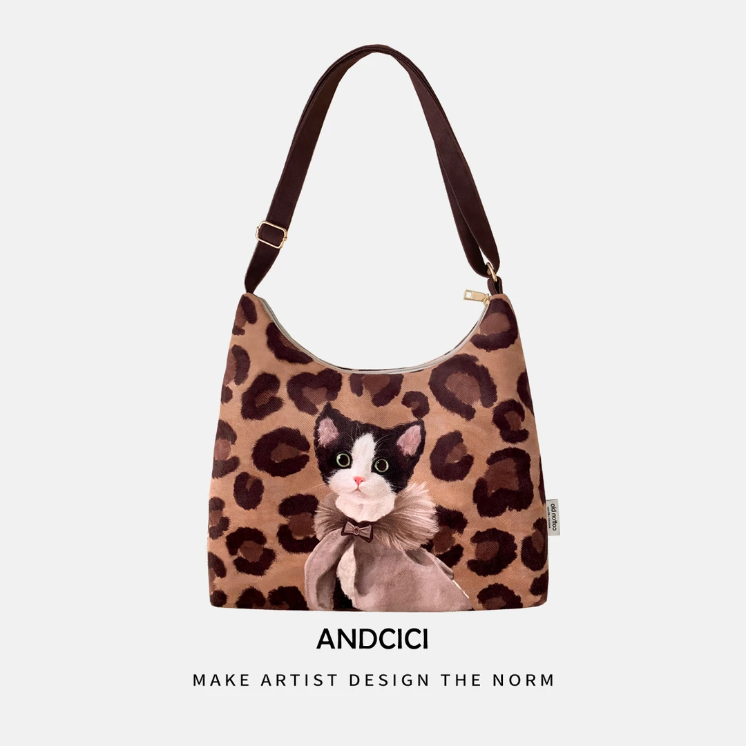 设计师新款 美拉德文猫猫 拉链款斜挎包豹纹单肩包手提包通勤书包