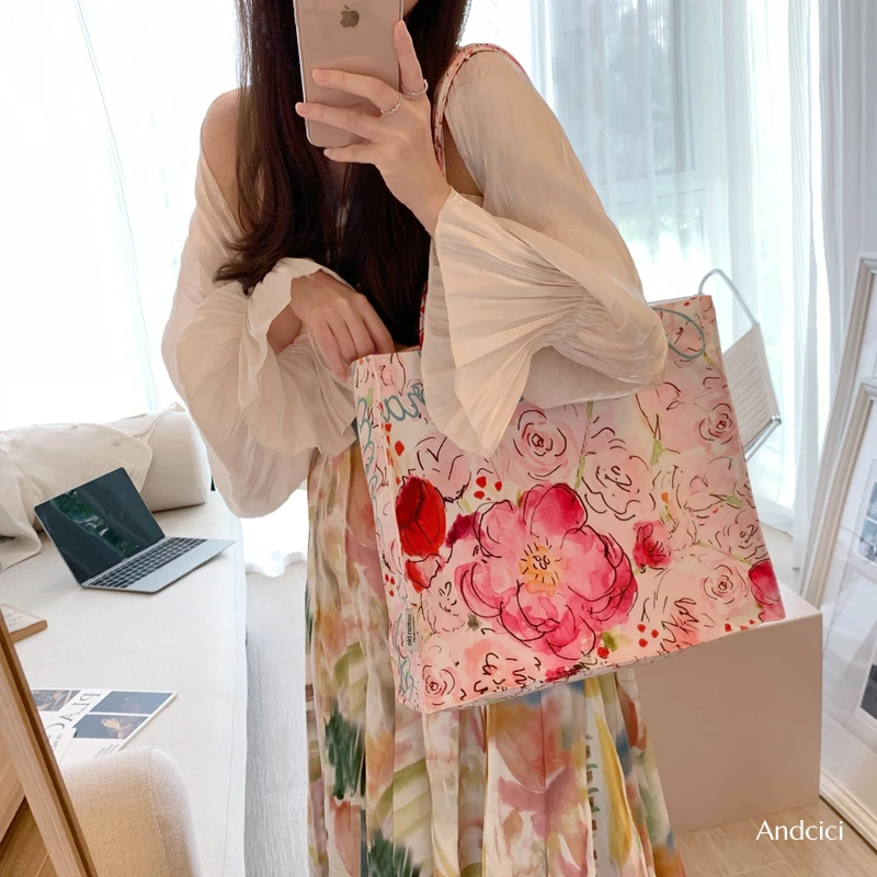 ANDCICI@佛洛花室~水墨油画包~带拉链帆布包通勤手提单肩包百搭