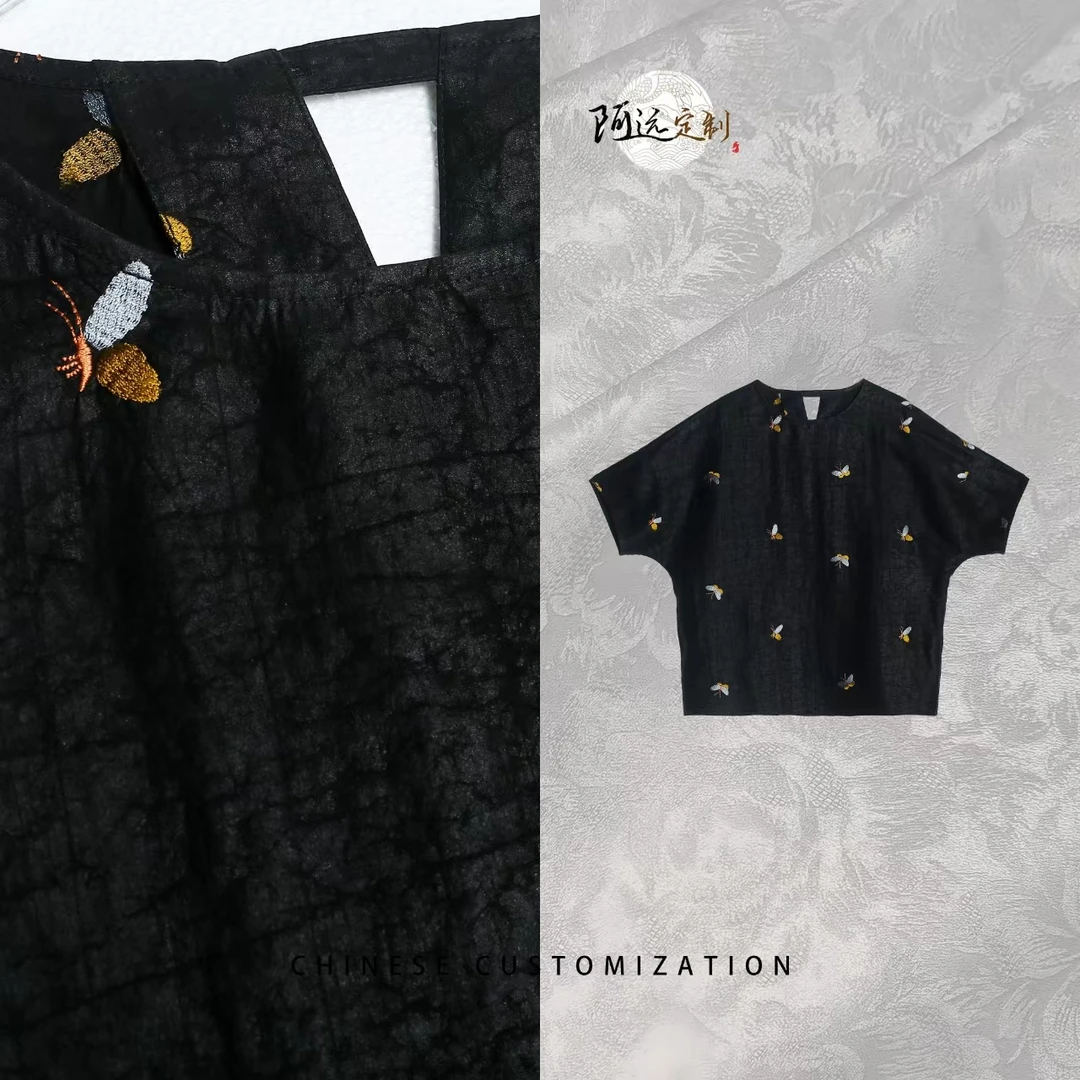 【庄周晓梦】真 丝龟裂纹香 云纱 重工刺绣国风短袖24LY357