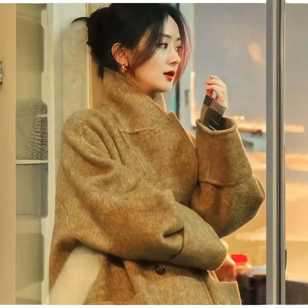 乔妍的心事赵丽颖同款秋叶黄双面羊绒大衣羊驼绒宽松高级长款外套