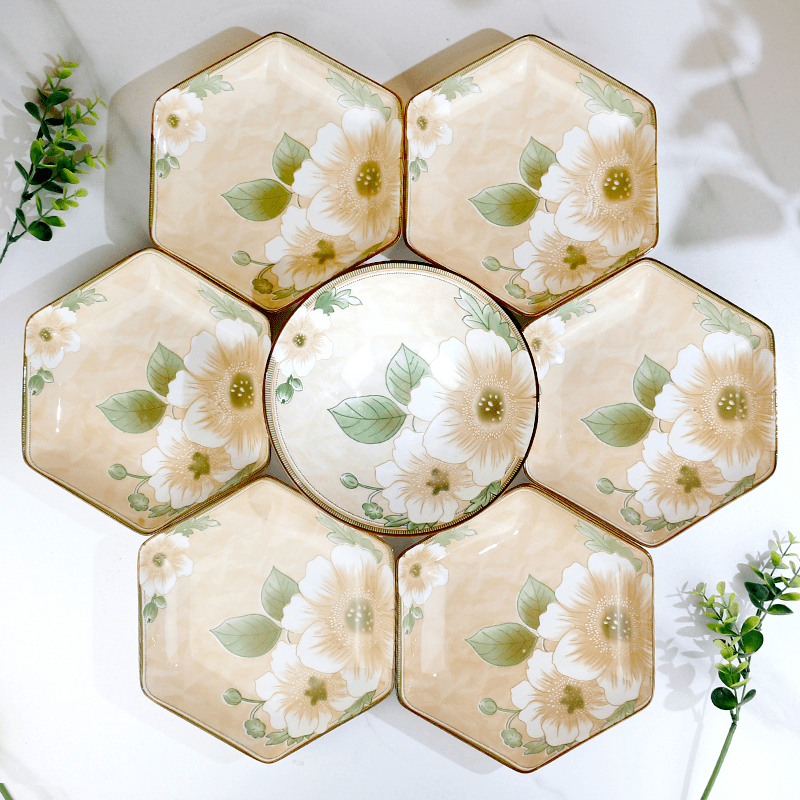 【小扬哥推荐】 山茶花餐具套装六角盘拼盘盘子套装釉下彩陶瓷釉下