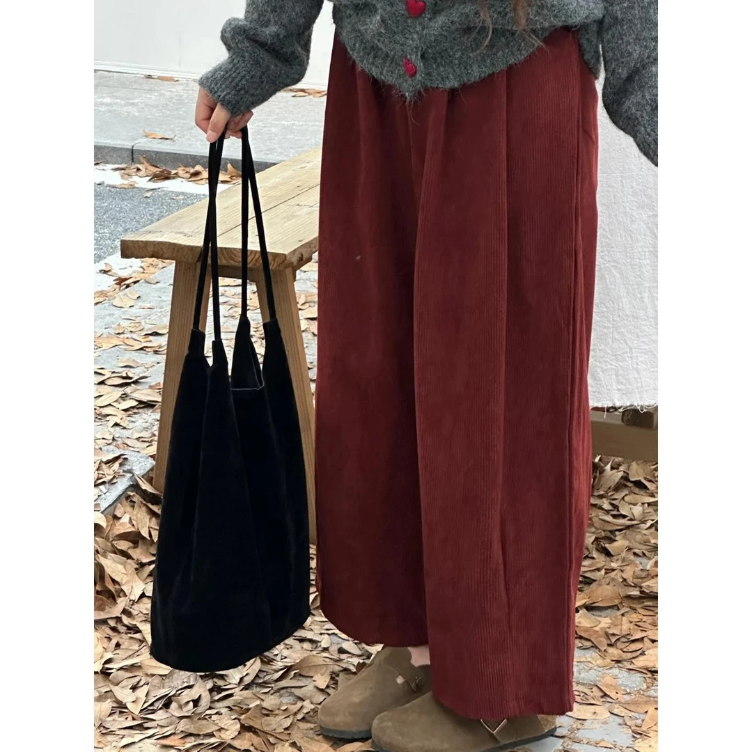灯芯绒裤子女秋冬安哥拉红九分阔腿裤胖mm显瘦小个子哈伦裤