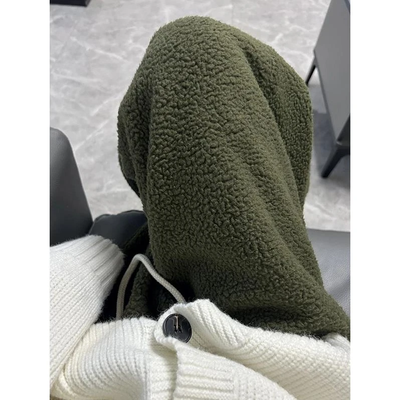 美式复古绿色摇粒绒裤ins潮加厚运动休闲裤冬季保暖卫裤宽松长裤