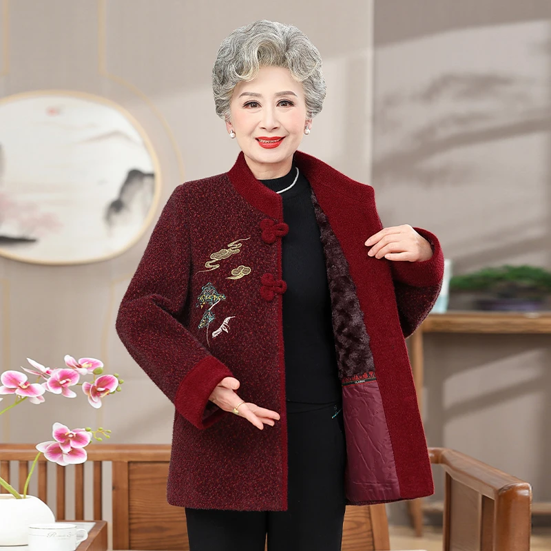 妈妈装冬款立领加绒加厚外套中老年女装洋气开衫奶奶上衣