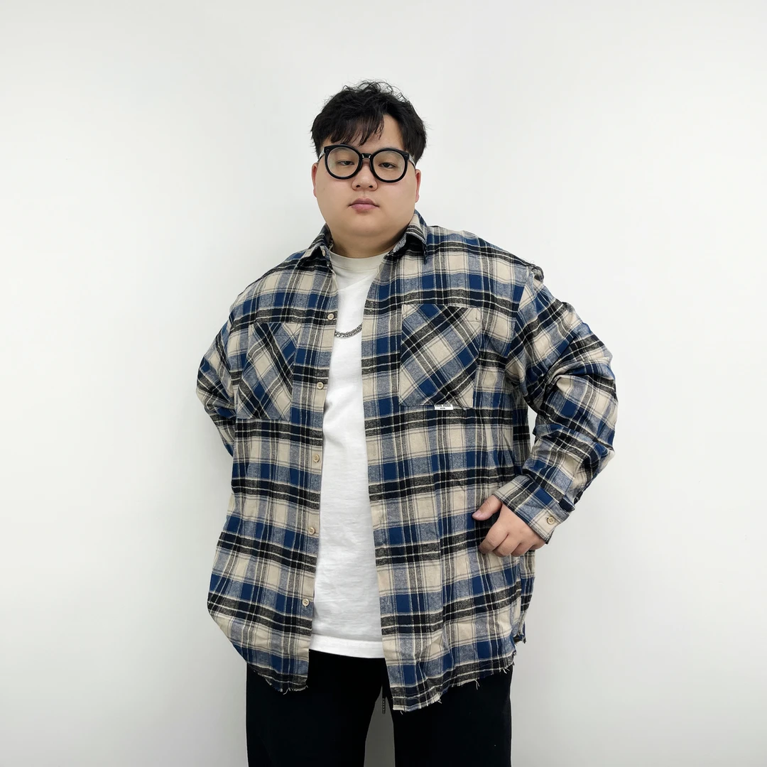 大仙仙儿春秋男士美式格纹磨破做旧口袋衬衫复古休闲宽松潮流长袖