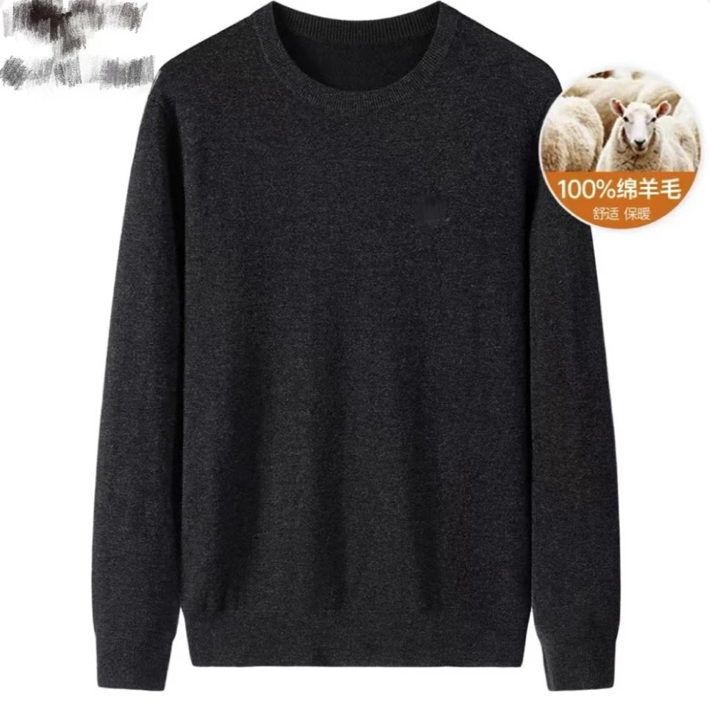 狼狼男士100绵羊毛衫秋冬季圆领保暖针织衫百搭纯色男装剪标