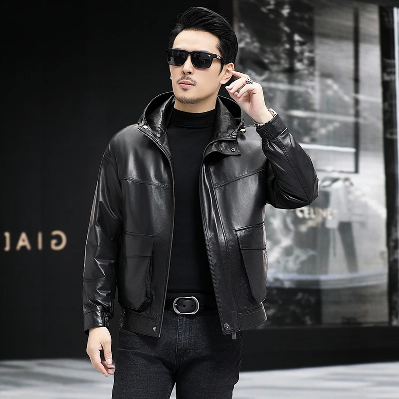 男士真皮外套头层小牛皮秋冬内胆可脱卸休闲时尚夹克连帽百搭帅气