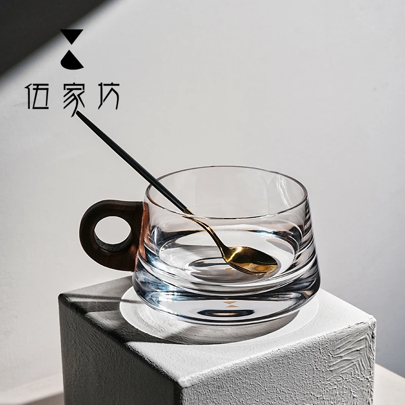 伍家坊水晶玻璃高端咖啡杯胡桃木把手精美下午茶茶杯日式红茶杯