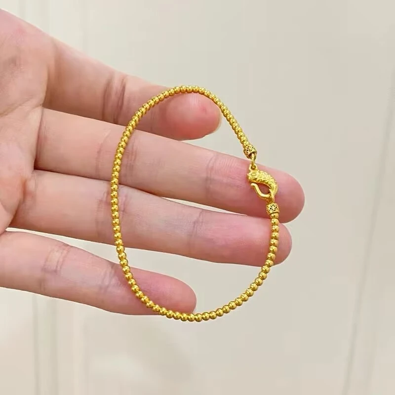 欧颜黄金小鱼扣光珠手链新款999足金小众金珠手串七夕礼物送女友