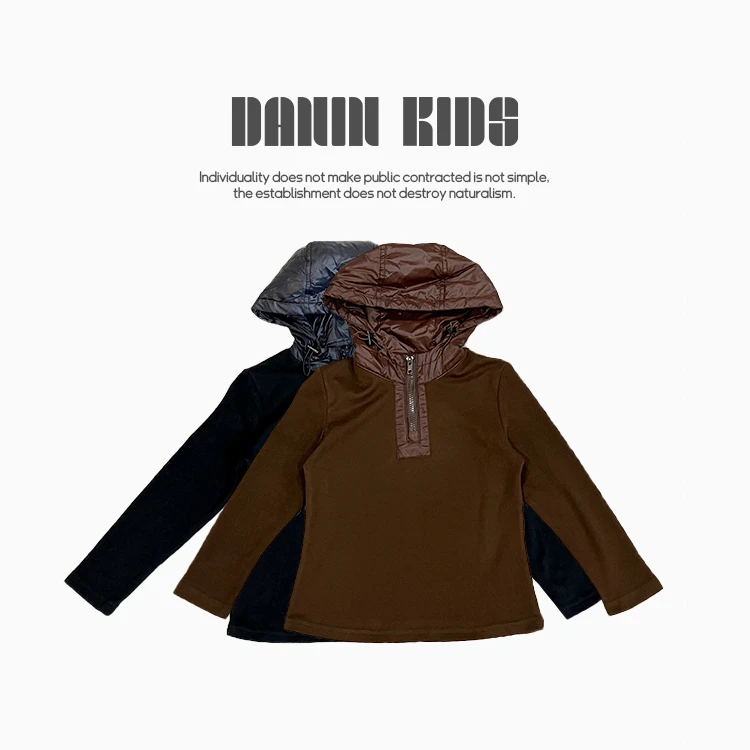 【嗒囜】239803 女童秋冬半拉链拼接连帽百搭打底衫儿童套头长袖T