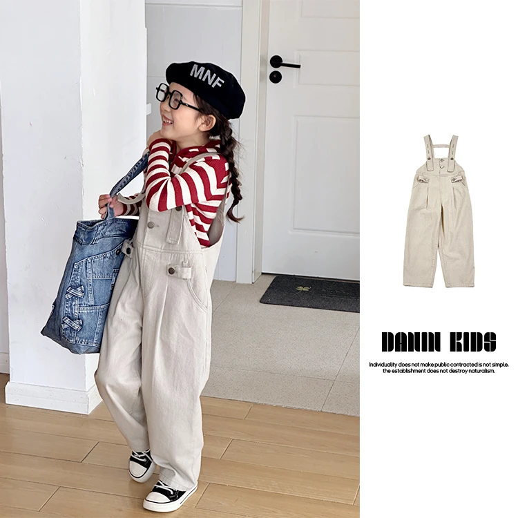 【嗒囜】儿童春秋季时尚百搭牛仔背带裤肩带可调节宽松阔腿裤241205