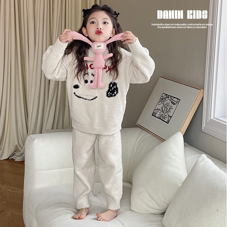 【嗒囜】儿童冬季毛绒长袖上衣+长裤睡衣套装女童家居服保暖两件套