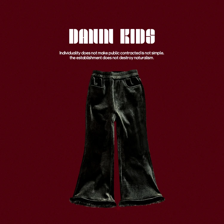 【嗒囜】女童丝绒拼接毛毛微喇裤加绒儿童汉服百搭休闲裤238669