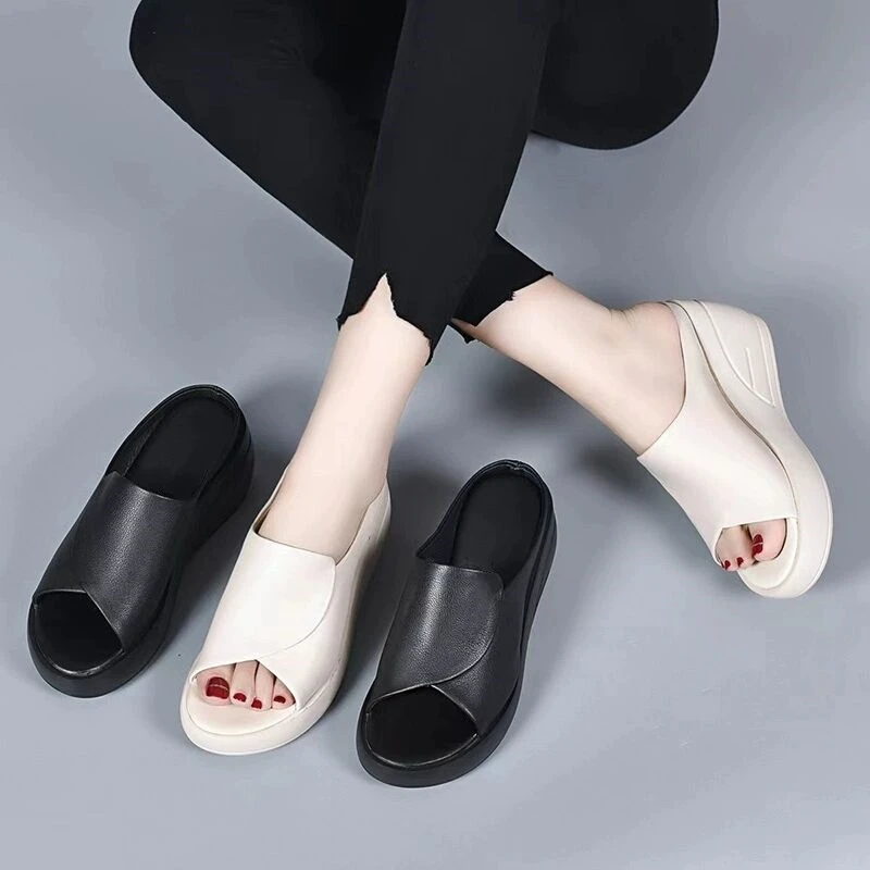 厚底一字拖女外穿2024年夏季新款真皮松糕女鞋百搭坡跟鱼嘴半拖鞋