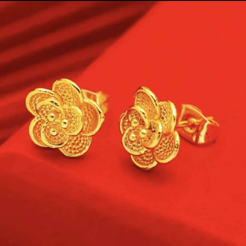 钛钢耳饰 玫瑰花耳钉 富贵简约百搭金色花花复古气质  时尚耳钉