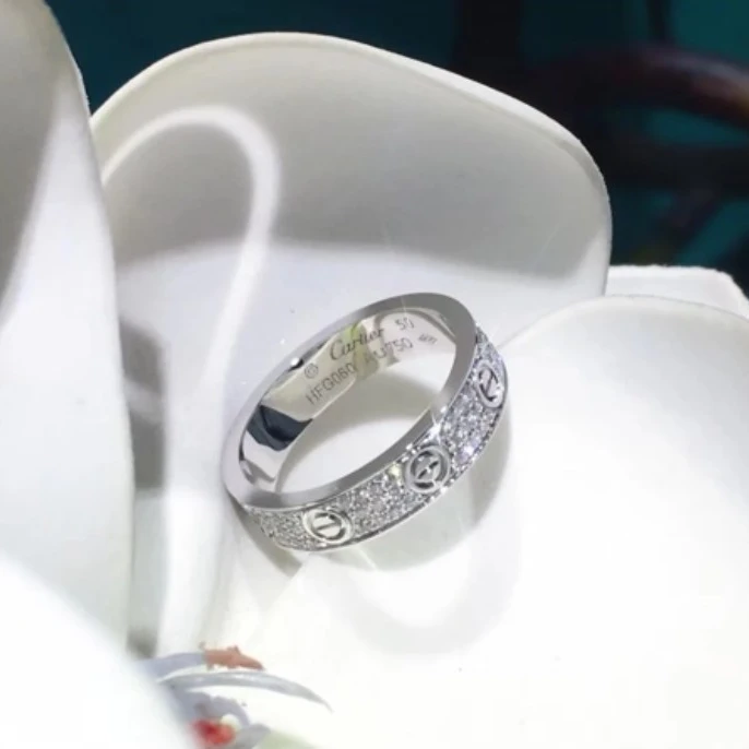 99新 Cartier/卡地亚 久久 LOVE 窄版戒指 18k白金拼钻石 51