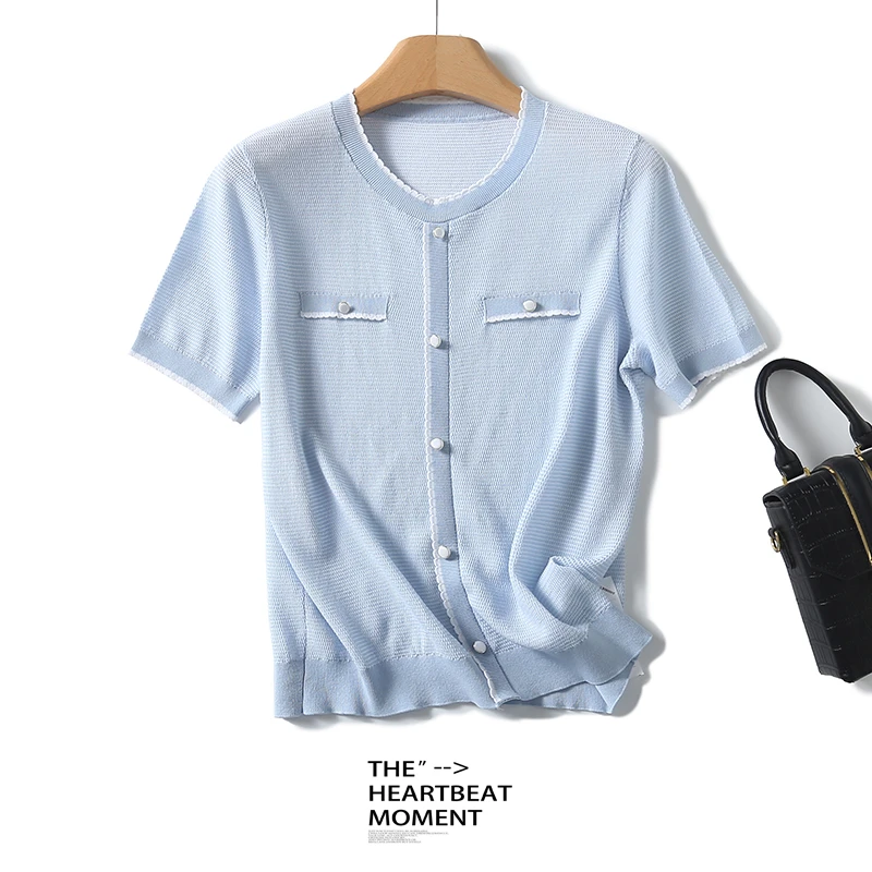 【阳小洋】轻奢含桑蚕丝女士短袖春夏圆领设计感休闲百搭薄款TN2327