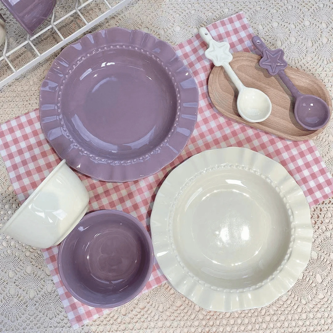 【3件套】家用陶瓷草帽盘粉边早餐一人食套装精致碗盘勺餐具套装