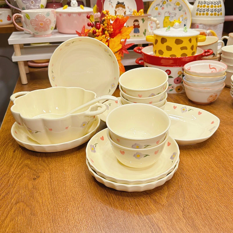 【6人食/13件套】奶油风汤碗米饭碗圆盘深盘紫藤花套装陶瓷餐具碗