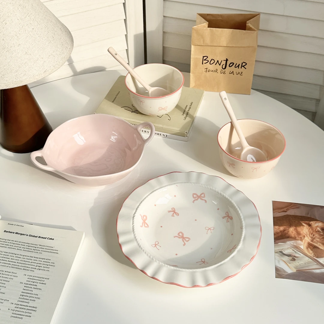 【可爱蝴蝶结】6件套陶瓷双耳碗盘勺釉下彩可爱家用创意餐具组合