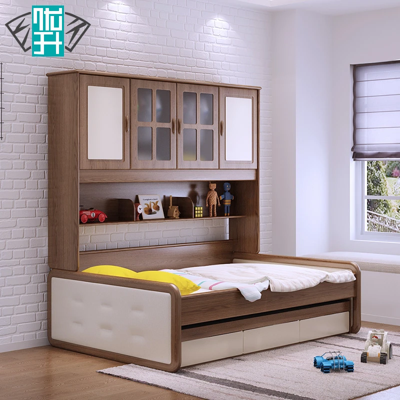 北欧现代衣柜床一体实木儿童床储物多功能带拖床高箱子母床双人