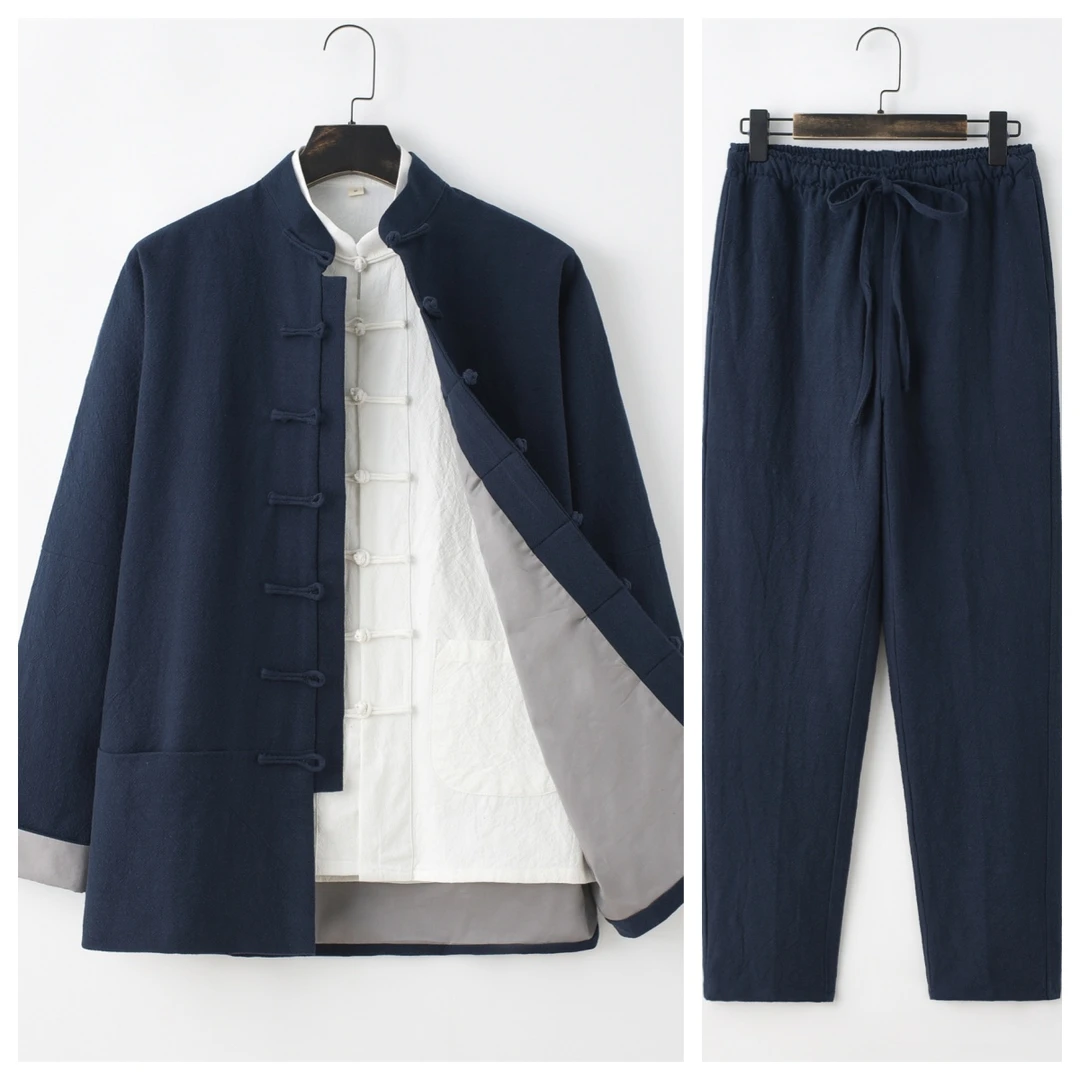 唐装男士春秋沙洗麻连肩双层长袖中国风复古宽松福双三件套